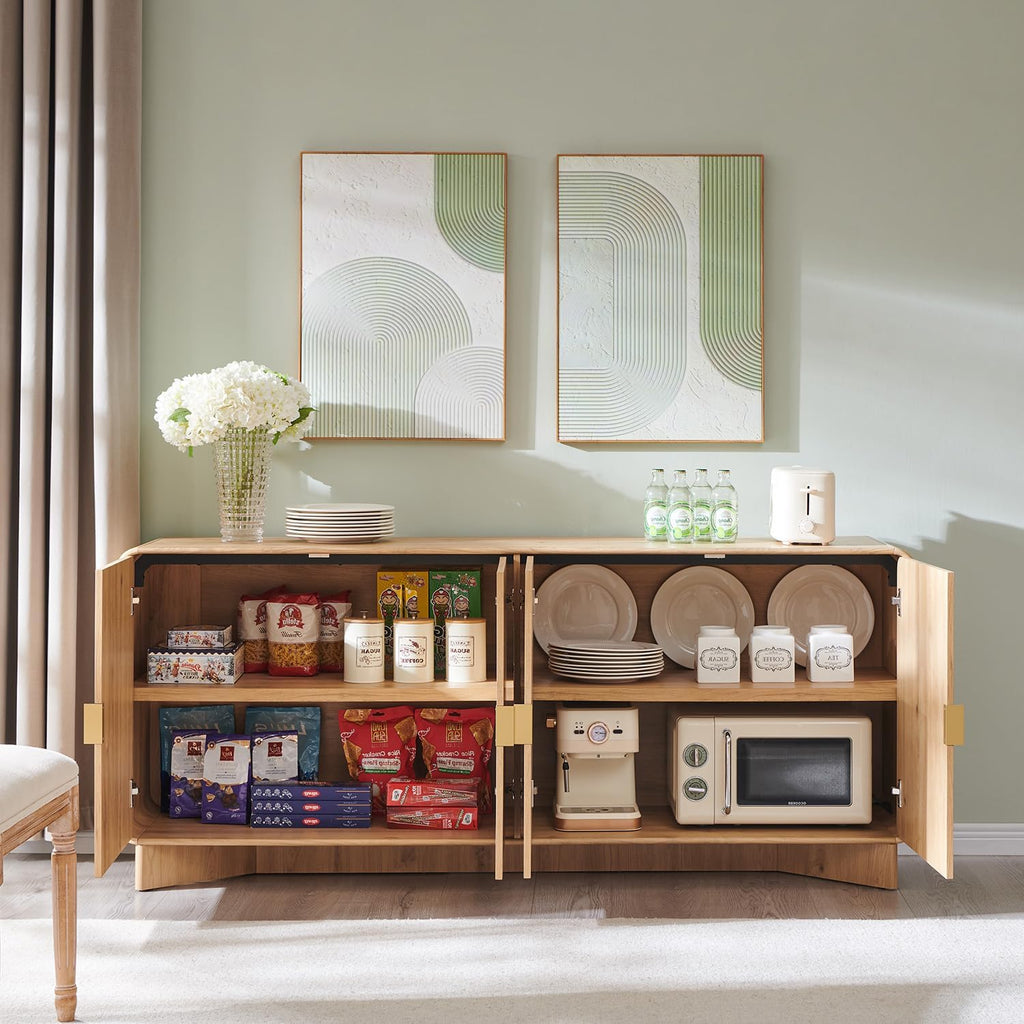 Modern Buffet Cabinet with Storage, 70" Large Sideboard Buffet Storage Cabinet with 4 Doors and Adjustable Shleves, Wooden Curved Coffee Bar for Dining Room, Kitchen, Living Room, Natural Oak
