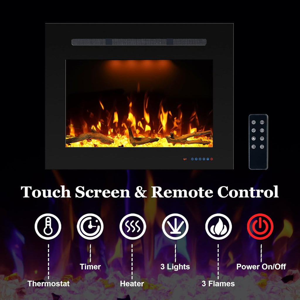 Prismaster 32.23" W x 26" H Rear Electric Fireplace Insert with Crackling, Fireplace Heater with Adjustable Flames, 62-99℉ Thermostat,Only Recessed