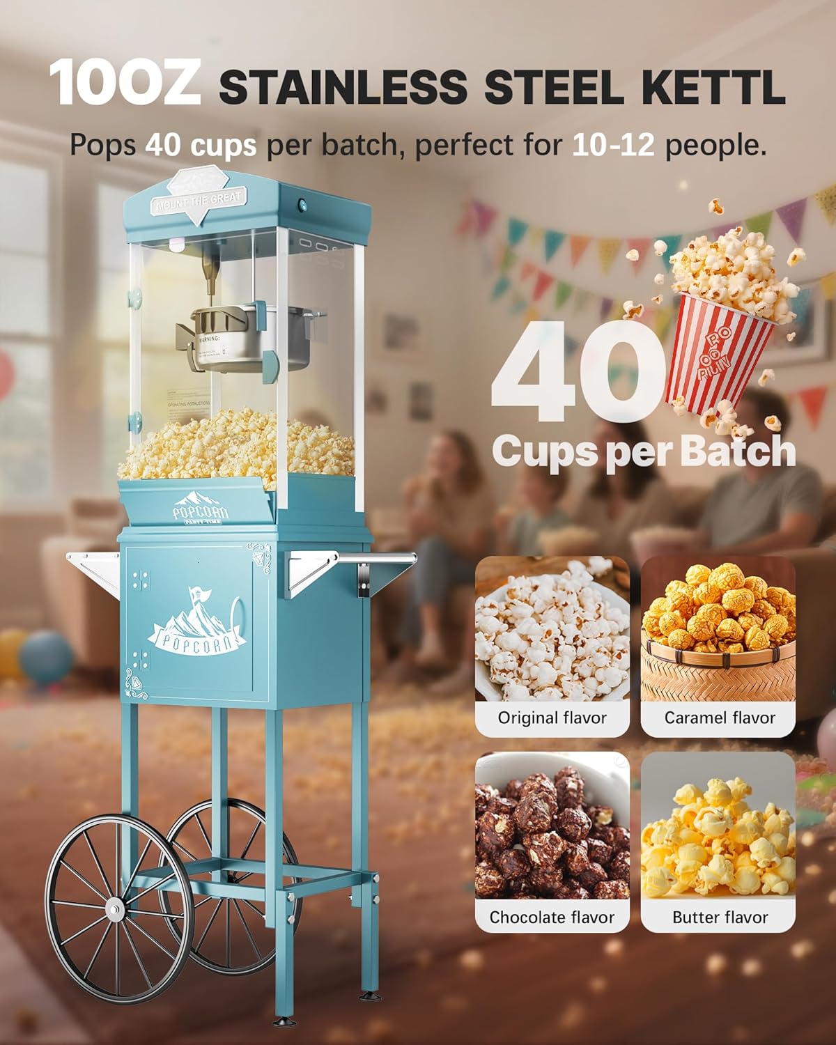 10 oz Popcorn Machine Cart, Popcorn Maker Machine with Wheel & Stainless-Steel Kettle Makes Up to 40 Cups, Vintage Movie Theater Style Pop Corn Machine, Cyan