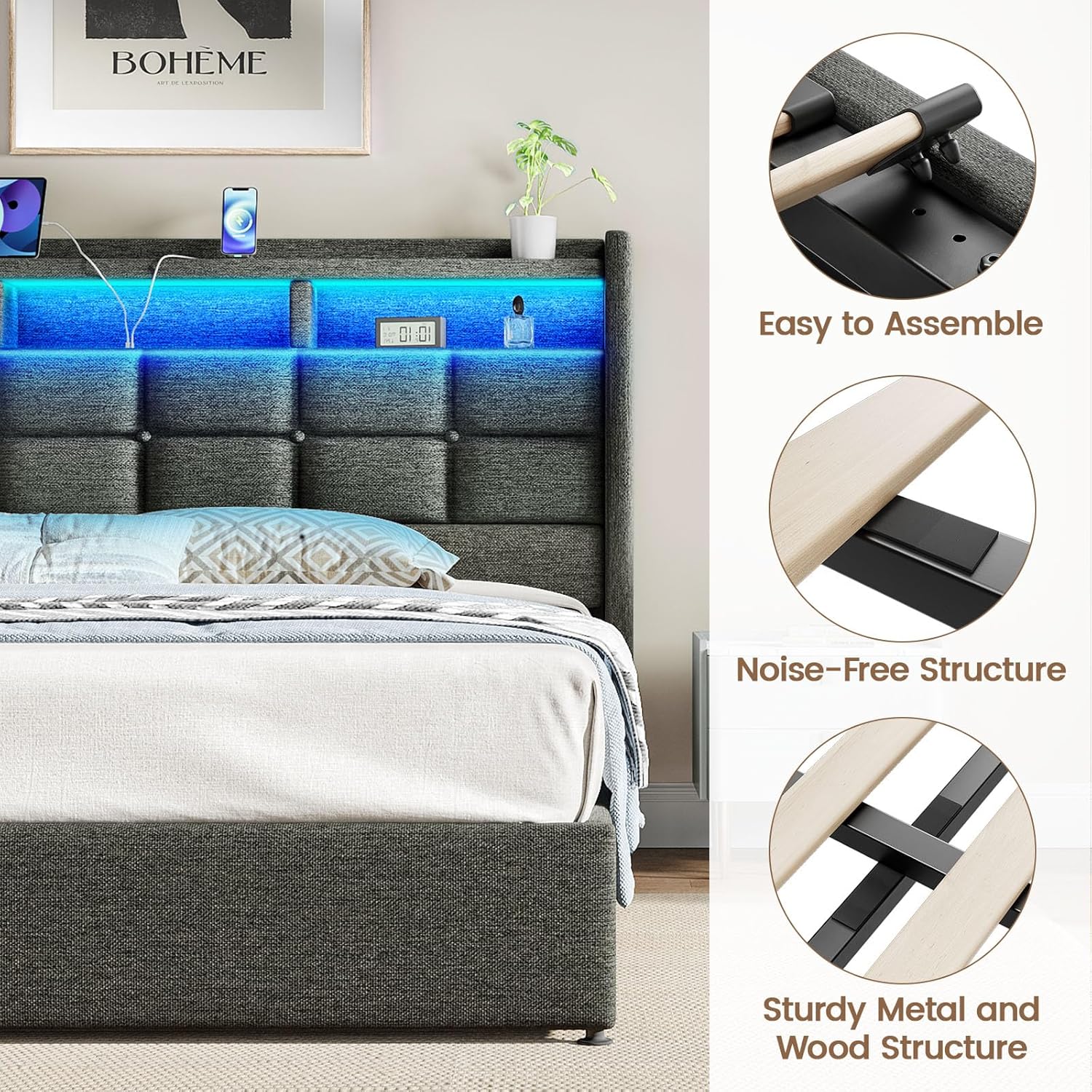 Lift Up King Size Bed Frame with Storage, Upholstered King Bed Frame with Charging Station and LED Lights Headboard, No Box Spring Needed, Easy Assembly - Dark Grey