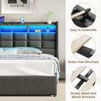 Lift Up King Size Bed Frame with Storage, Upholstered King Bed Frame with Charging Station and LED Lights Headboard, No Box Spring Needed, Easy Assembly - Dark Grey
