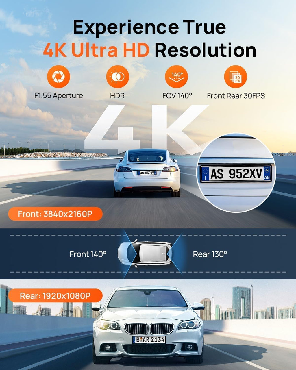 70mai 4K Dash Cam Front and Rear  Built in Wi-Fi 6 & GPS Car Camera  Super Night Vision  ADAS  3'' IPS Screen  24H Parking Mode  Time-Lapse  Loop Recording  with 128GB Card (A800SE)