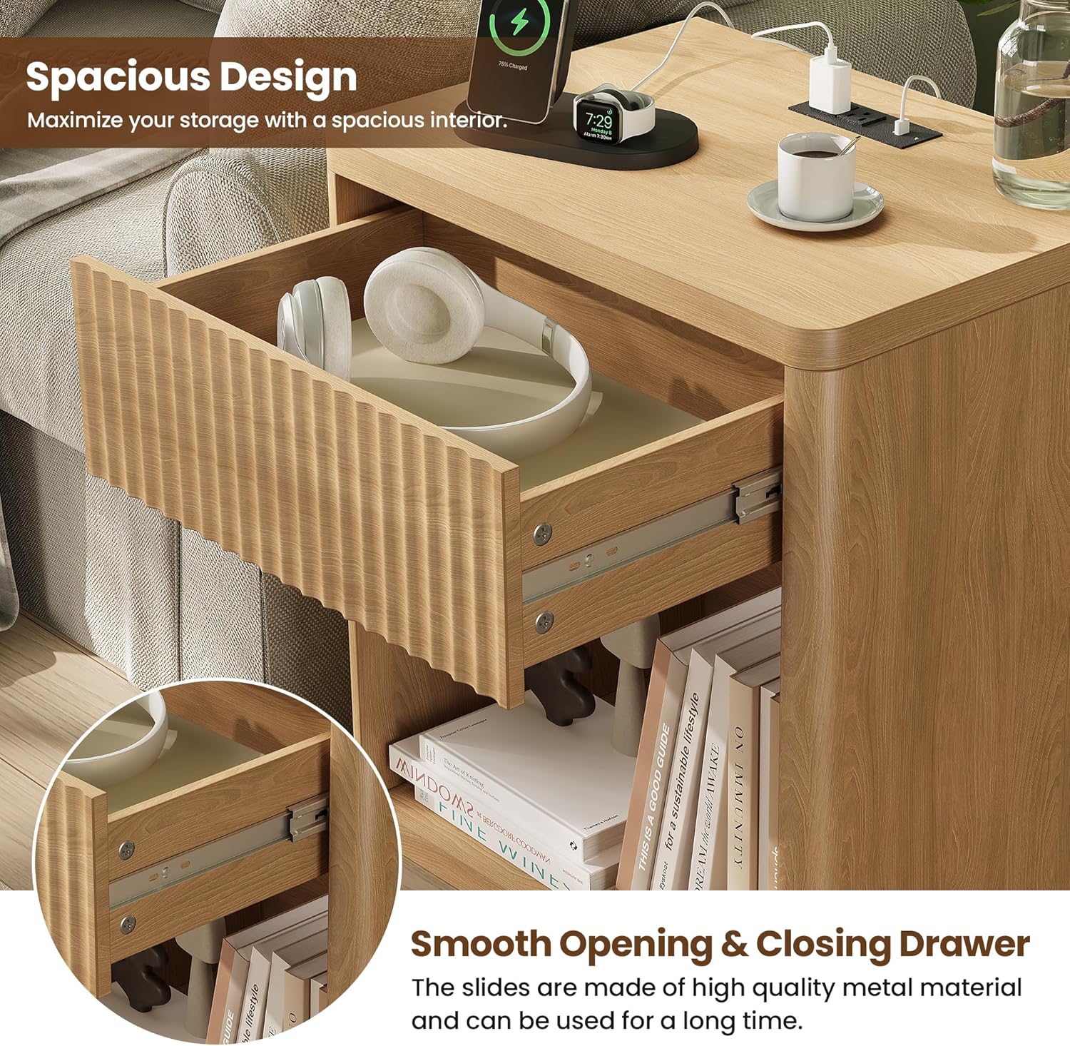Fluted Nightstand Set of 2 with Charging Station, 21.7" Wide Modern Bedside Table with 1 Drawers Open Storage Cabinet, Wooden End Table for Bedroom, Natural Oak
