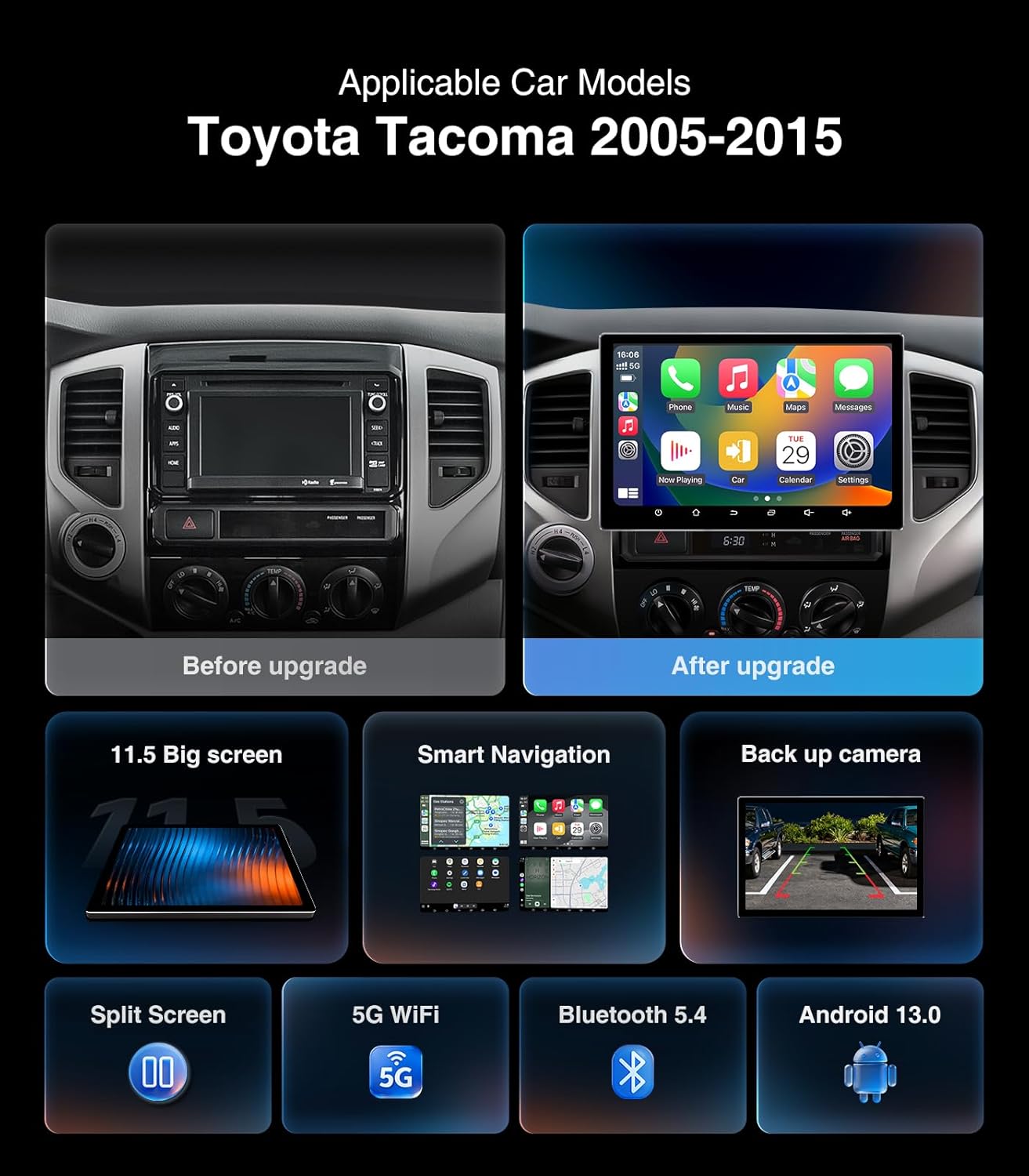 11.5" Car Stereo Radio for Toyota Tacoma 2005-2015 Upgrade CarPlay Replacement 4+64G HD Touch Screen Carplay/Android Auto/Android13/GPS Navigation/1080P Backup Camera