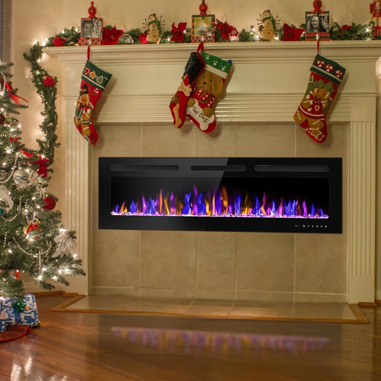 60" Electric Fireplace Wall Mounted and Recessed with Remote Control, 750/1500W Ultra-Thin Wall Fireplace Heater W/Timer Adjustable Flame Color and Brightness, Log Set & Crystal Options