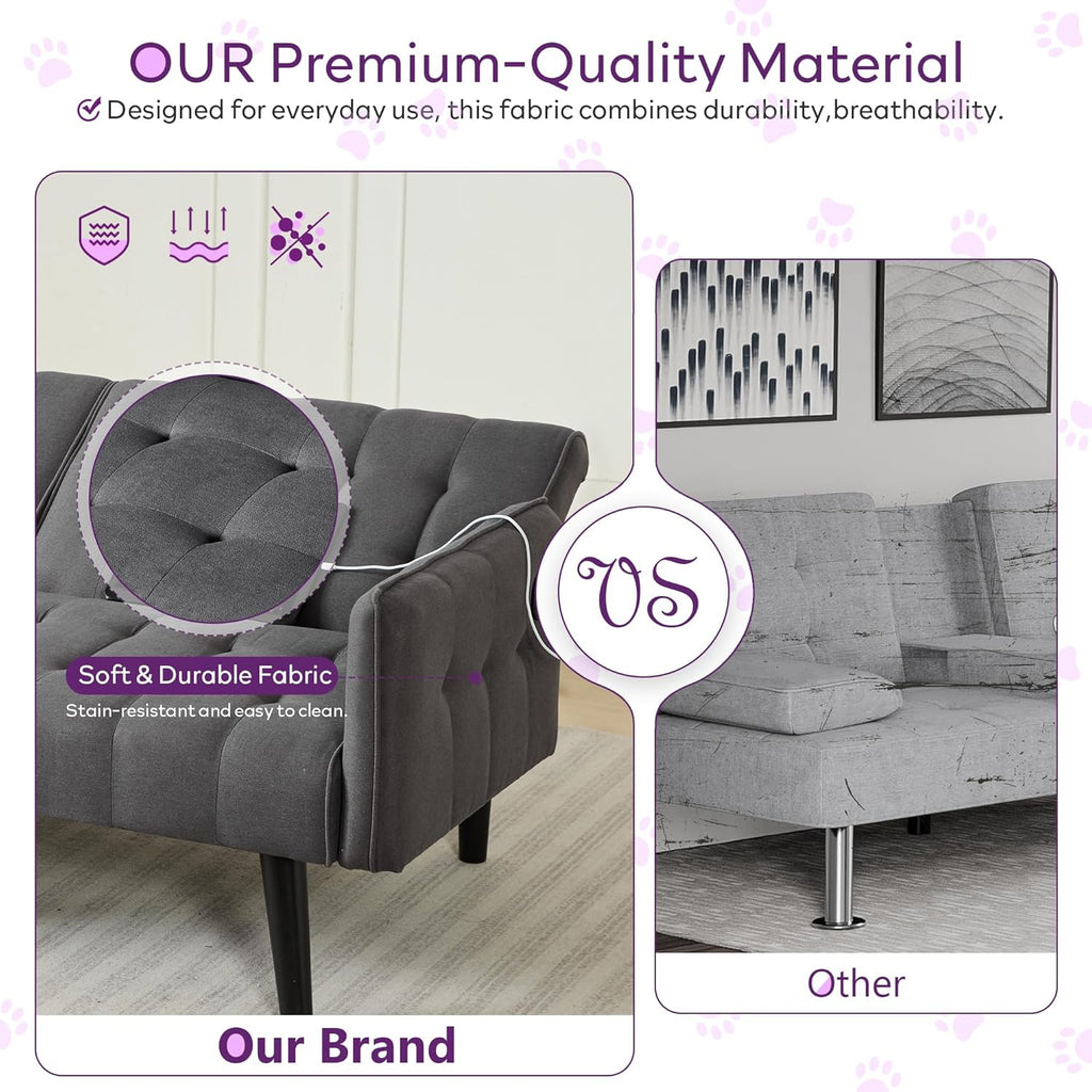 TYBOATLE 65“ Convertible Futon Sofa Bed w/ 2 USB, Upholstered Tufted Small Adjustable Folding Couch Loveseat, Modern Mid Century Sleeper Sofa for Living Room, Bedroom, Apartment, Office (Dark Grey)