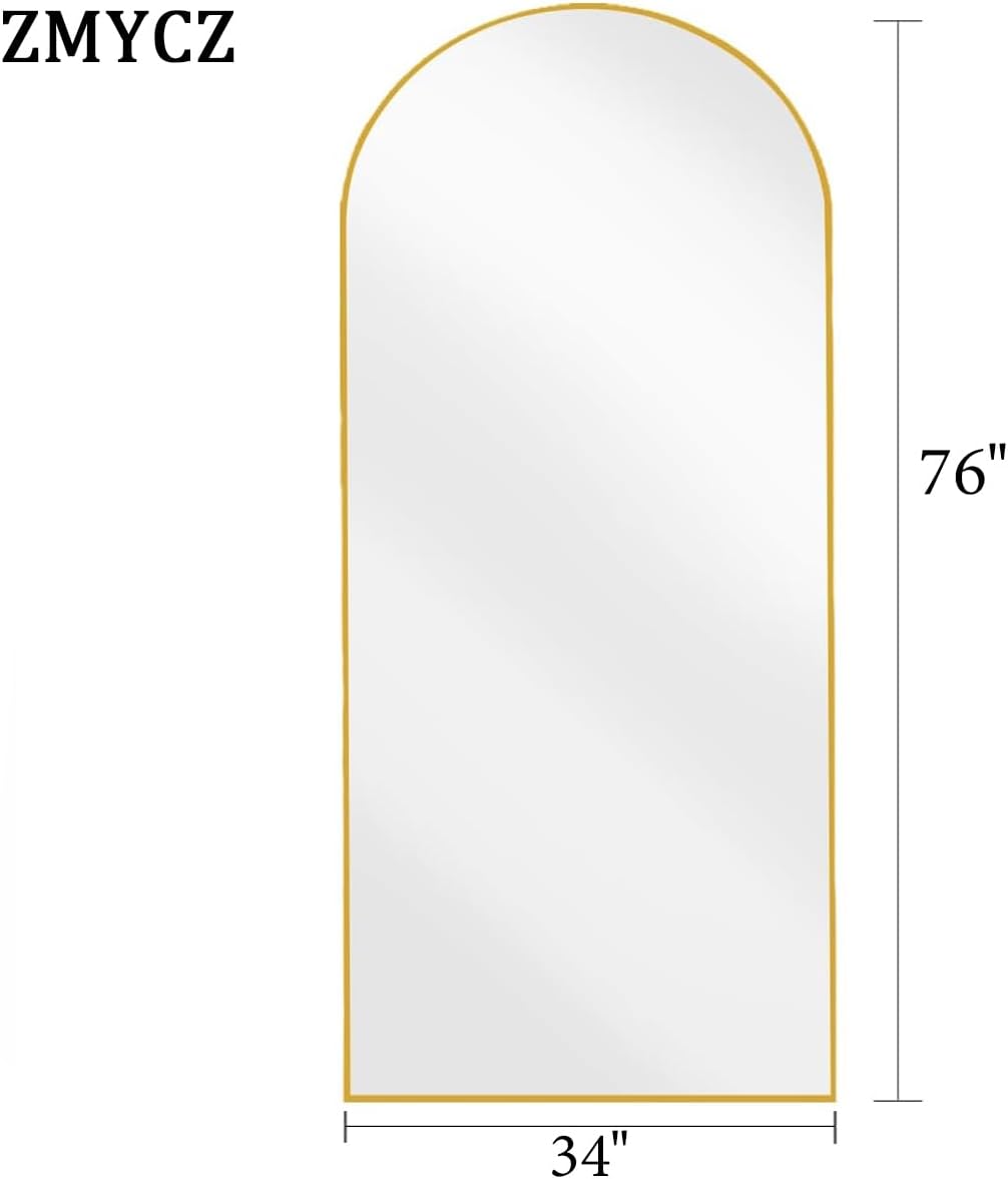 Floor Length Mirror, 76"x34" Arch Full Length Mirror Hanging or Leaning, Body Mirrors with Stand, Arched-Top Wall Mounted Mirrors with Aluminum Frame for Bedroom (Gold)