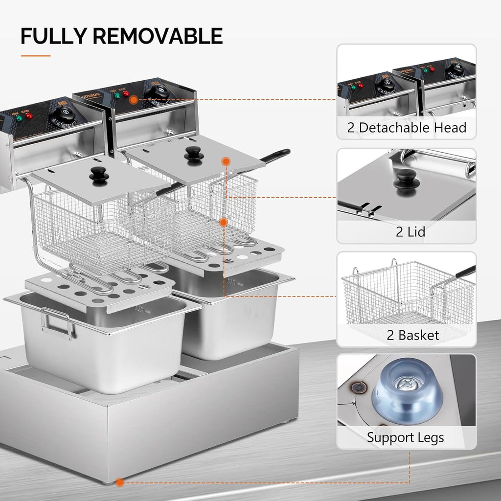 ROVSUN 22.8QT/21.6L Electric Deep Fryer, Commercial Deep Fryer with Baskets Lids Countertop, Stainless Steel Dual Tank Kitchen Fat Fryer Frying Machine for French Fries Donuts, Adjustable Temp, 3400W