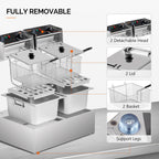 ROVSUN 22.8QT/21.6L Electric Deep Fryer, Commercial Deep Fryer with Baskets Lids Countertop, Stainless Steel Dual Tank Kitchen Fat Fryer Frying Machine for French Fries Donuts, Adjustable Temp, 3400W