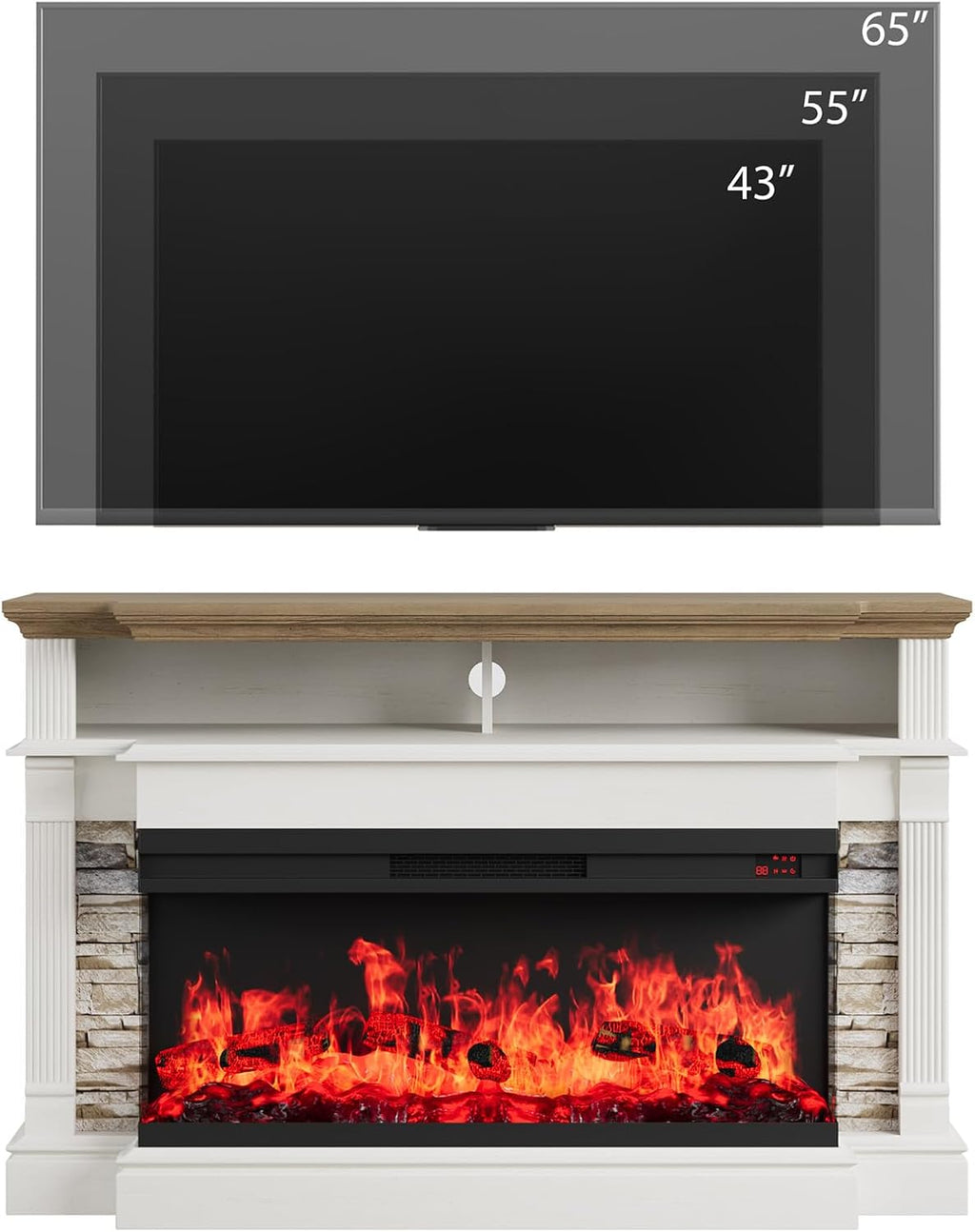 QUW Fireplace TV Stand for TVs up to 65", Farmhouse 52" Fireplace Entertainment Center with 36" 3-Side Glass Electric Fireplace, TV Console with Open Storage Shelves for Living Room, Antique White