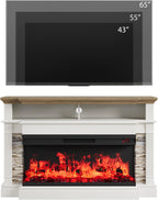 QUW Fireplace TV Stand for TVs up to 65", Farmhouse 52" Fireplace Entertainment Center with 36" 3-Side Glass Electric Fireplace, TV Console with Open Storage Shelves for Living Room, Antique White