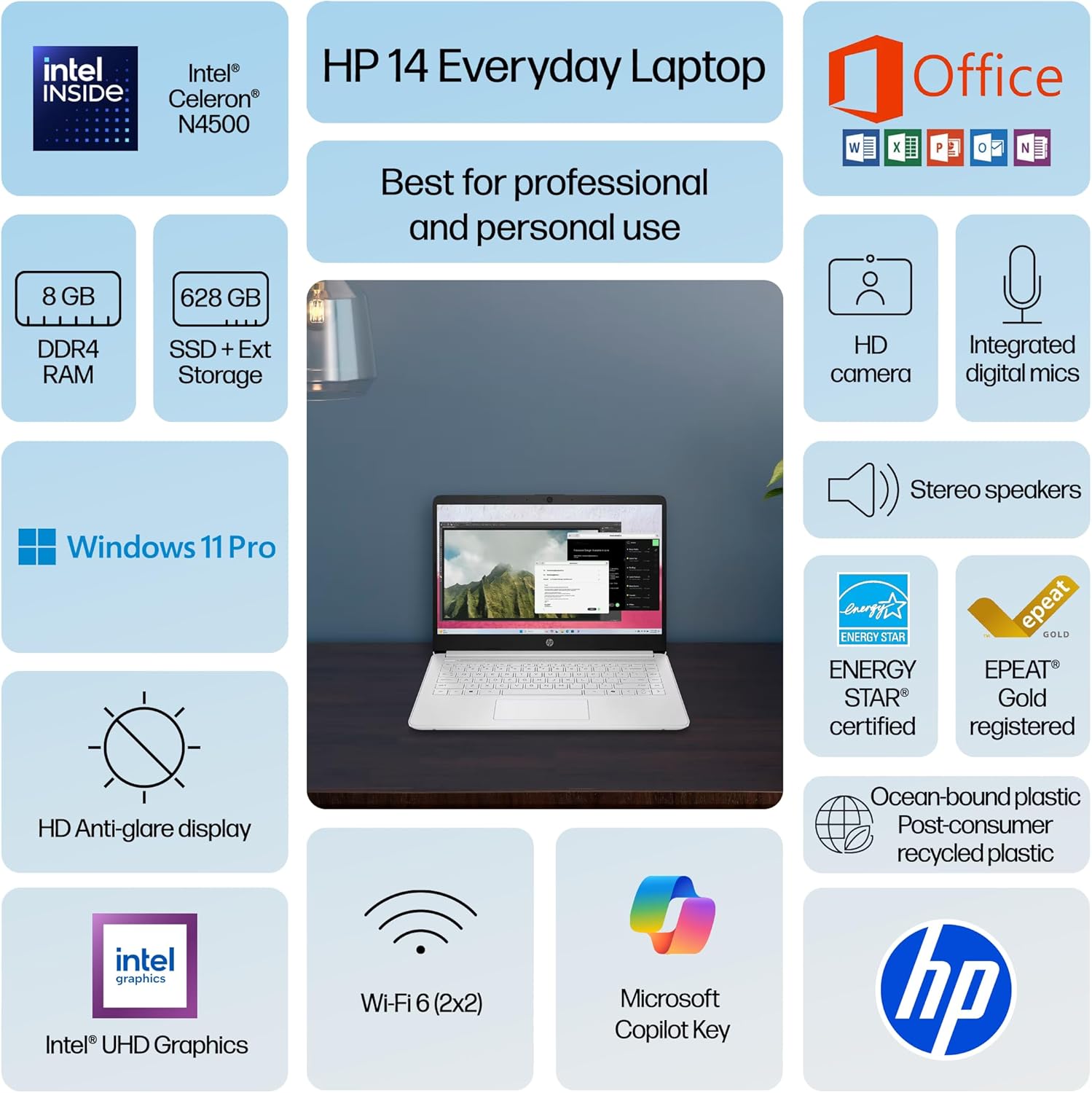 HP 14" Laptop Thin and Light for 2026 Student Business with Office Suite  Copilot AI  Intel CPU Up to 2.8GHz  8GB RAM  628GB Storage (128GB SSD+500GB Ext)  WiFi 6  Win 11 Pro  MarxsolAccessory  White