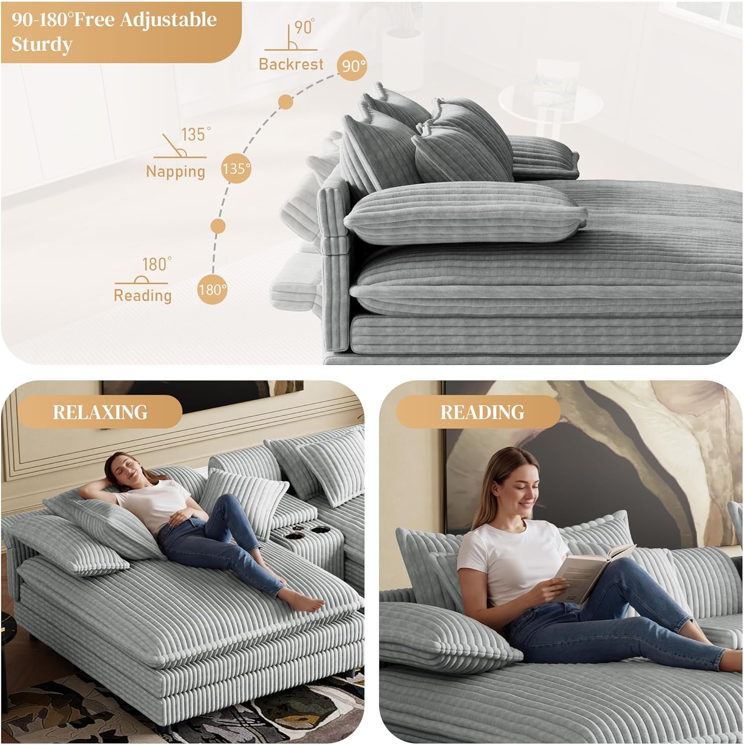 Oversized Chaise Lounge Chair Indoor with Cup Holders, Fast Charging USB, Storage & Adjustable Backrest, 114"Wx 59"D Comfy Corduroy Sleeper Loveseat Fluffy Reading Chairs for Living Room, Grey