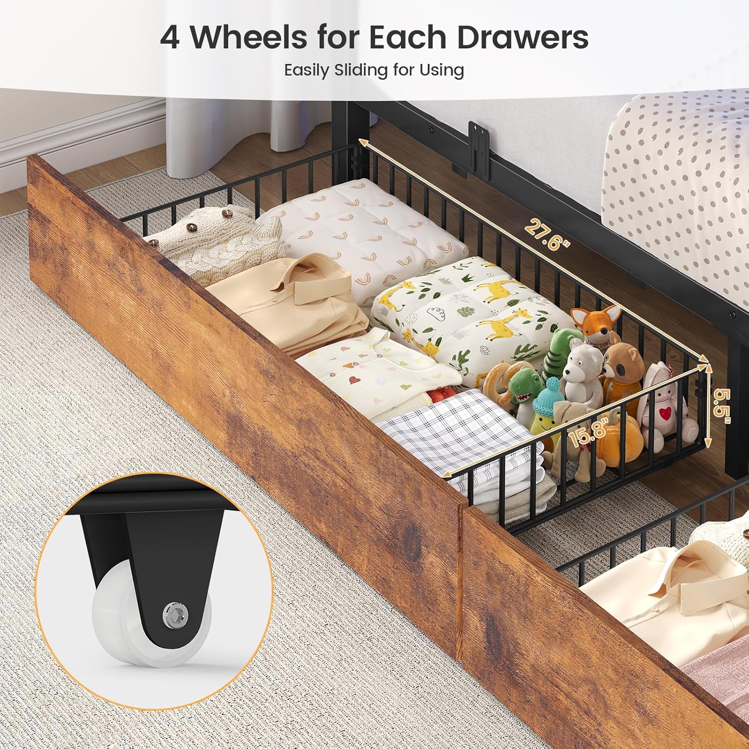 BTHFST Bunk Bed Twin Over Twin with Stairs, LED Lights Twin Bunk Bed with 2 Storage Drawers & 6 Fabric Drawers, Metal Twin Loft Beds with Guardrail & Stairs, Space Saving, Sturdy Frame