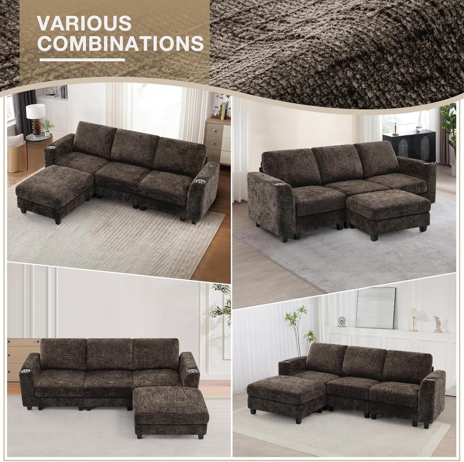 87" Chenille 3 Seater Couch with Soft Ottoman, L-Shape Sectional Sofa with Durable Cup Holders, Upholstered Sofa with Comfy Backrests for Living Room, House, Brown