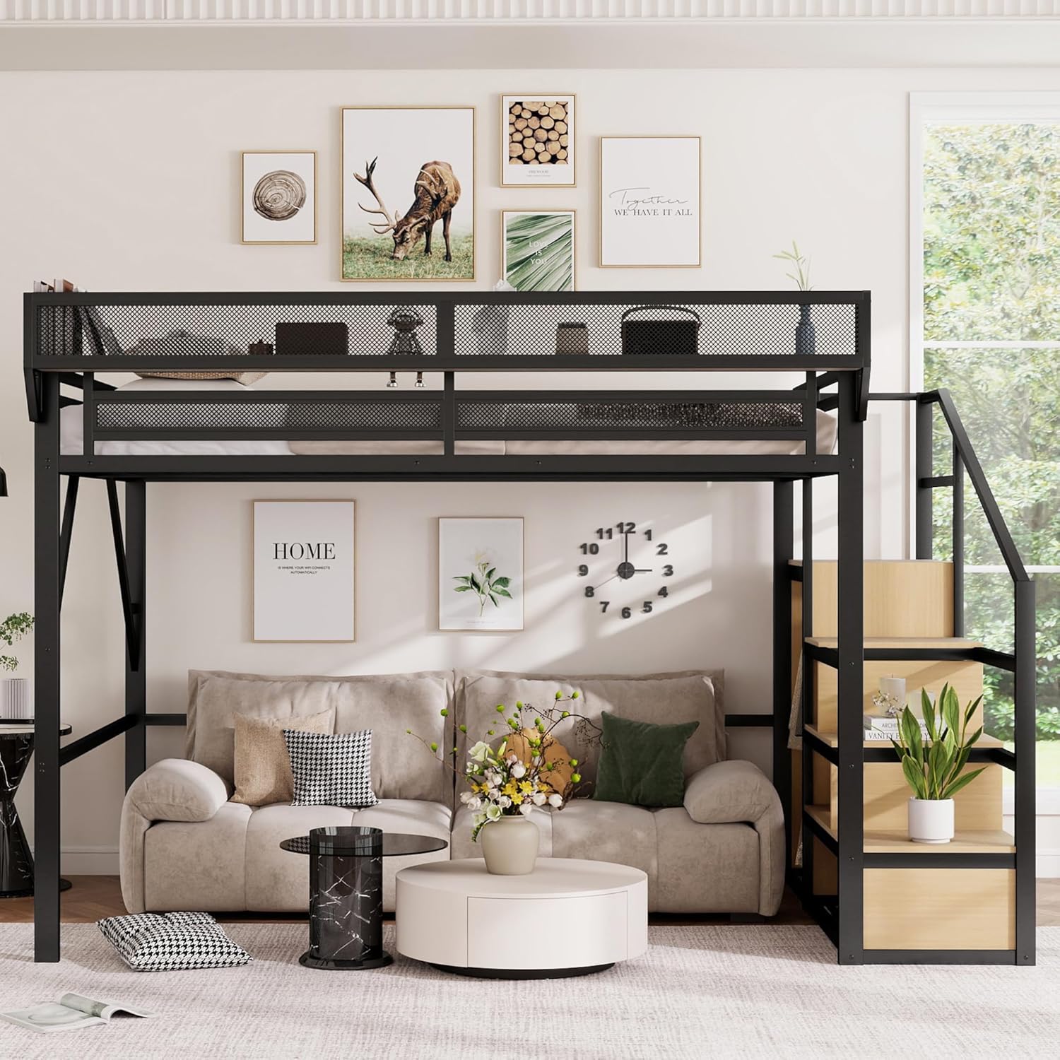 Full Size Loft Bed with Stairs and Storage, Metal Loft Bed Frame with Bedside Shelf and Large Under-Bed Space, Heavy-Duty Bed for Adults Teens and Kids, Convertible Staircase, Black
