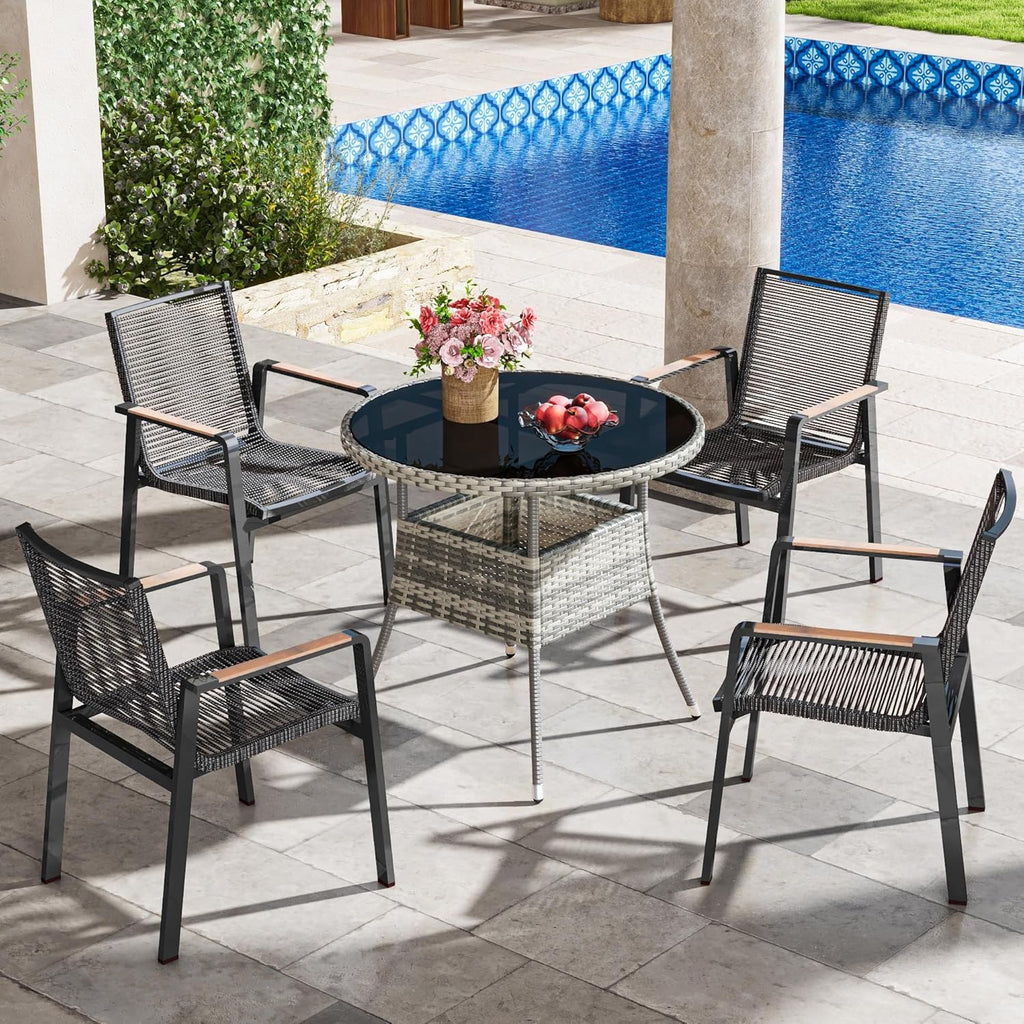 YITAHOME Outdoor Dining Table Round for 4 31.5" Patio Dining Table with Easy-to-Clean Glass Tabletop, All-Weather Rattan Bistro Table Round for Backyard Deck Porch Poolside, Gray