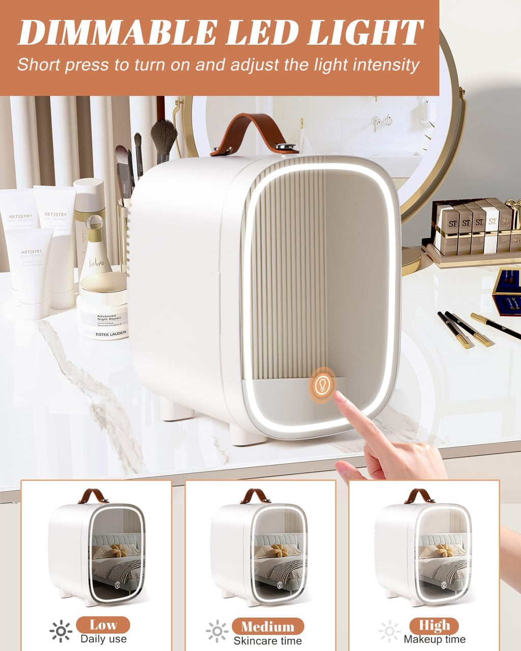 Mini Fridge for Bedroom, 4 Liter/6 Can Skincare Fridge With LED Mirror & Leather Carrying Handle,12v AC/DC Cooler & Warmer Portable Small Refrigerator for Drinks, Makeup, Dorm, Office and Car(White)