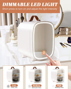 Mini Fridge for Bedroom, 4 Liter/6 Can Skincare Fridge With LED Mirror & Leather Carrying Handle,12v AC/DC Cooler & Warmer Portable Small Refrigerator for Drinks, Makeup, Dorm, Office and Car(White)