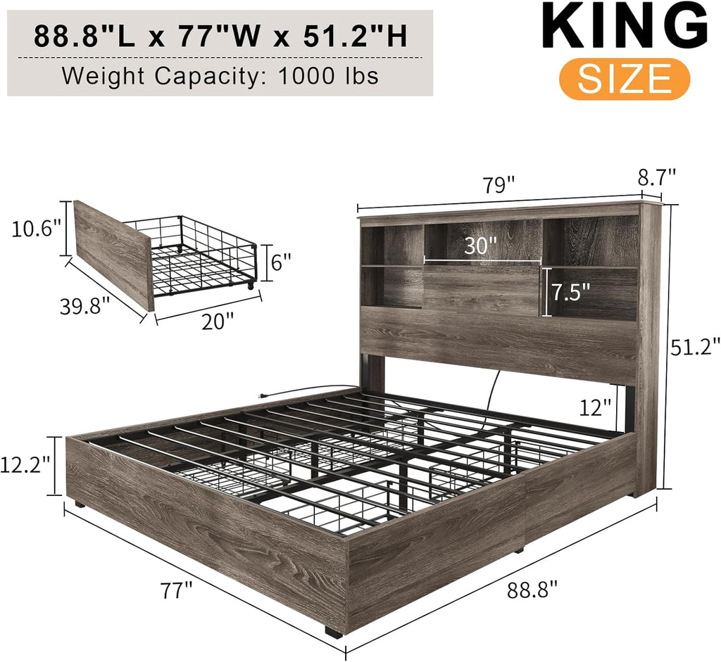 King Size Bed Frame with LED Bookcase Headboard, Wooden Storage Bed with Charging Station & 4 Drawers, No Box Spring Needed/Noise-Free/Rustic Grey