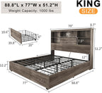 King Size Bed Frame with LED Bookcase Headboard, Wooden Storage Bed with Charging Station & 4 Drawers, No Box Spring Needed/Noise-Free/Rustic Grey