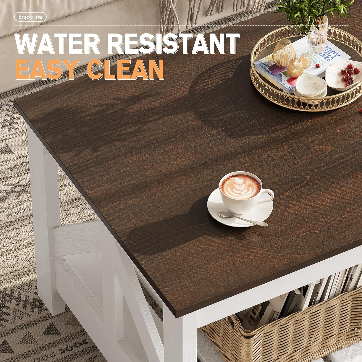 YESHOMY Farmhouse Coffee Table, Coffee Tables for Living Room, Farmhouse Square Coffee Table with Storage, Couch Table, Small Tables for Small Spaces, Brown and White