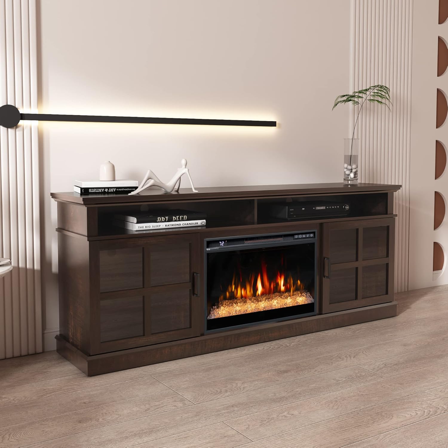 72" Fireplace TV Stand for TVs Up to 80", Entertainment Center with 26" Electric Fireplace, 5 Flame Colors Control with Remote, Modern Farmhouse Cabinet Console Glass Door, Brown