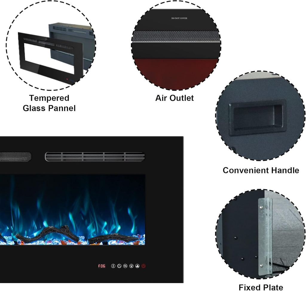 72inch Electric Fireplace in Wall Recessed and Wall Mounted Fireplace Electric, 13 Flame Colors, Realistic Logs & Crystals Fuel Bed, Adjustable Temperature and Timer, 750W/1500W, Black