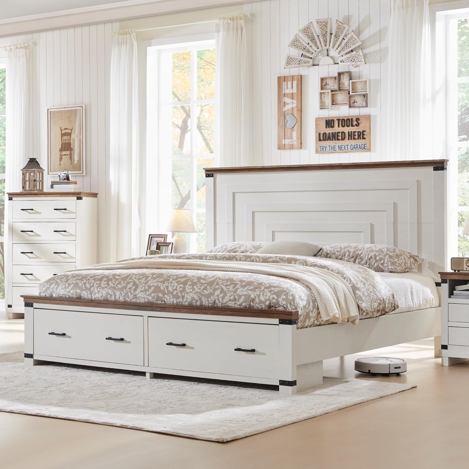RedLemon Farmhouse King Size Wood Bed Frame with 54" Tall Geometric Headboard, 2 Large Storage Drawers, Solid Wood Slats Support, Noise Free, No Box Spring Needed, Antique White