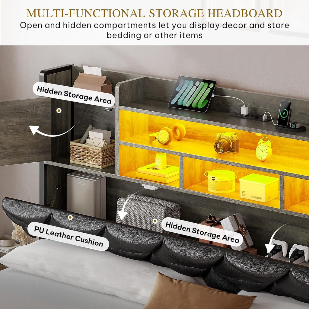 YITAHOME King Size Bed Frame with RGB LED Lights & Storage Bookcase Headboard, Upholstered Bed with Charging Station and 4 Drawers, No Box Spring Needed, Easy Assembly, Noise-Free, PU Leather Black
