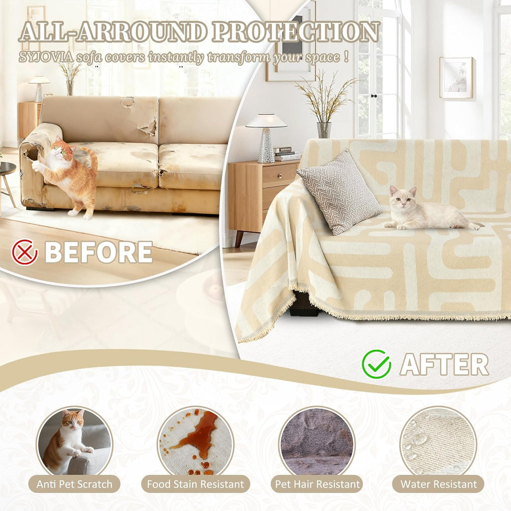 1OO% Waterproof Sectional Couch Covers for Dogs L Shaped Corner Sofa Cover Washable Chenille Sofa Slipcovers Blanket Modern Jacquard Pet Furniture Protector (91"x252", Boho Beige)