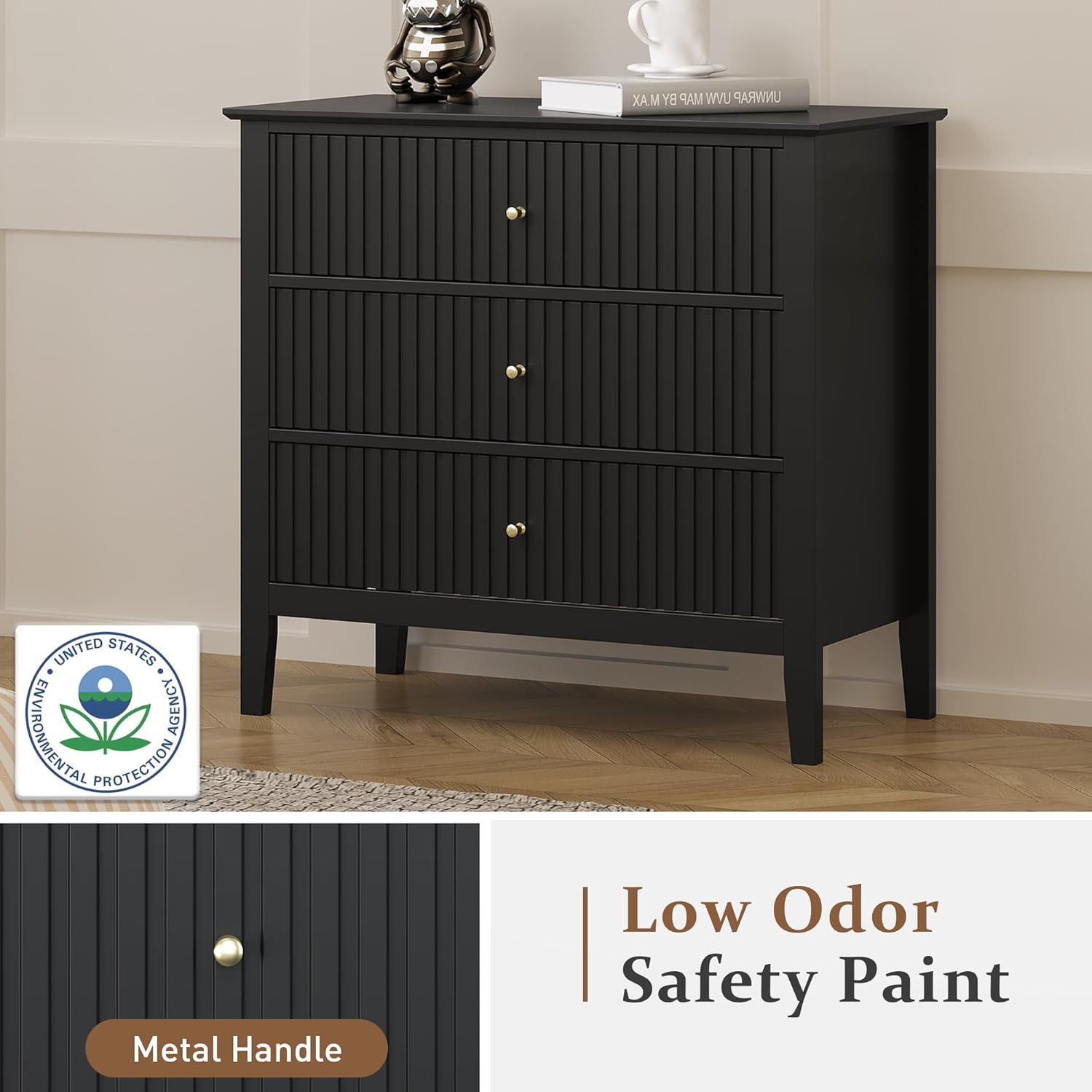 RoyalCraft 32" Large Nightstand Set of 2, Fluted Painted Bedside Table with 3 Spacious Drawers, Modern Tall End Table for Bedroom, Black