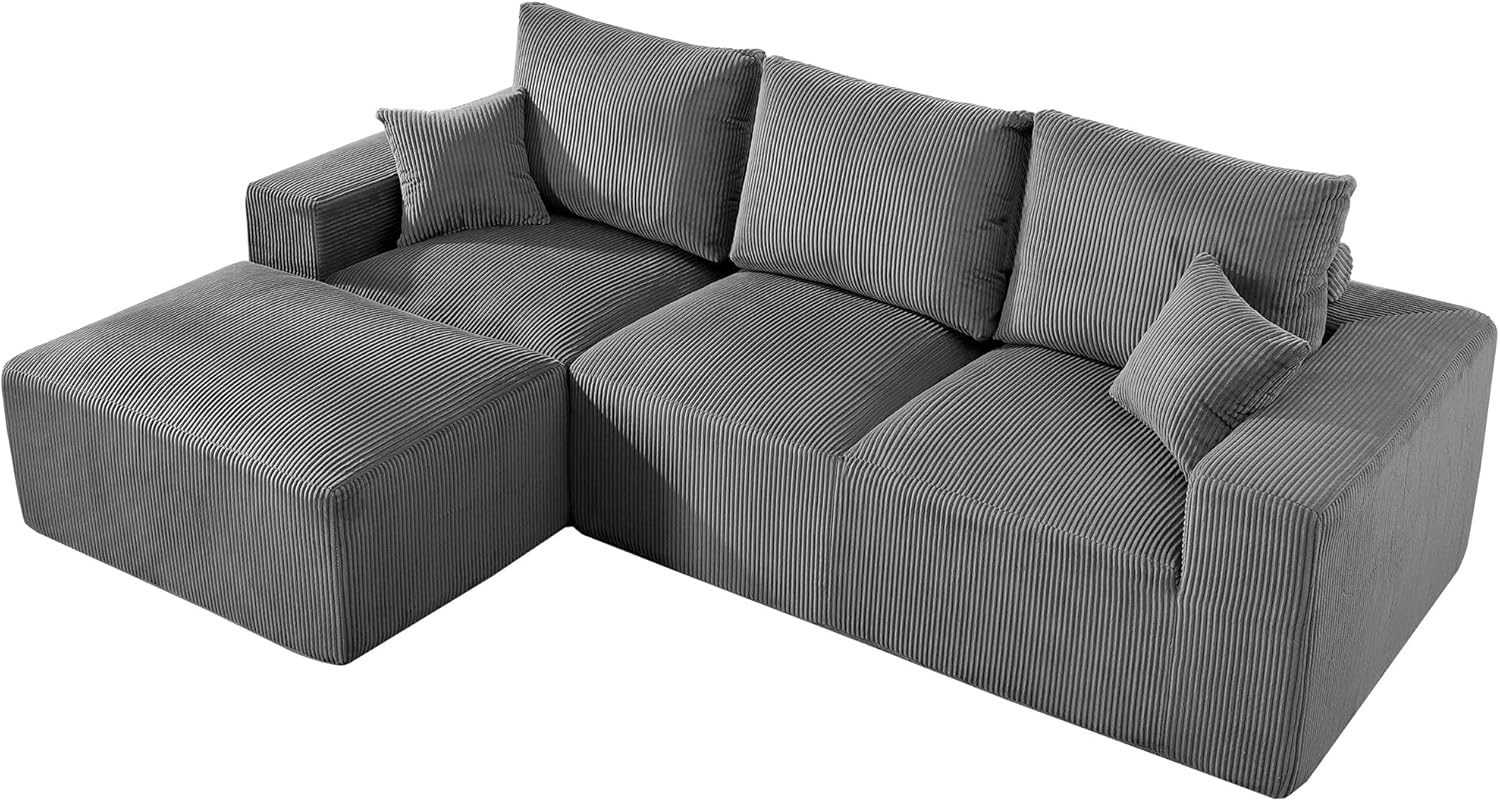 108" Modular Sectional Sofa, Compression Sofa with Deep Seat, Modular L-Shape Couch with Chaise, Upholstered Couches for Living Room Bedroom, No Assembly Required (Grey Corduroy, 108" L Shape)