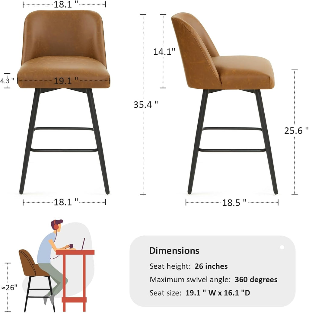 Counter Height Bar Stools Set of 4,360° Swivel Faux Leather Barstools with High Back 26" H Seat Height (Faux Leather-Saddle Brown, 4 Pieces - 26" Counter Height)