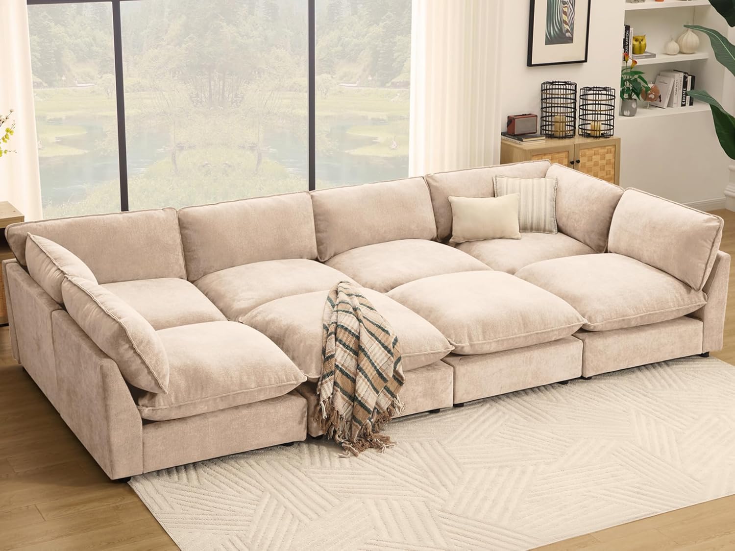 Modular Sectional Sofa, Oversized Chenille Cloud Couch, Deep Comfy Seat, 8-Seater Sofas Couches for Living Room, Beige | Premium Chenille, Without Compress, Oversized, Cloud Comfort, Thick Cushions