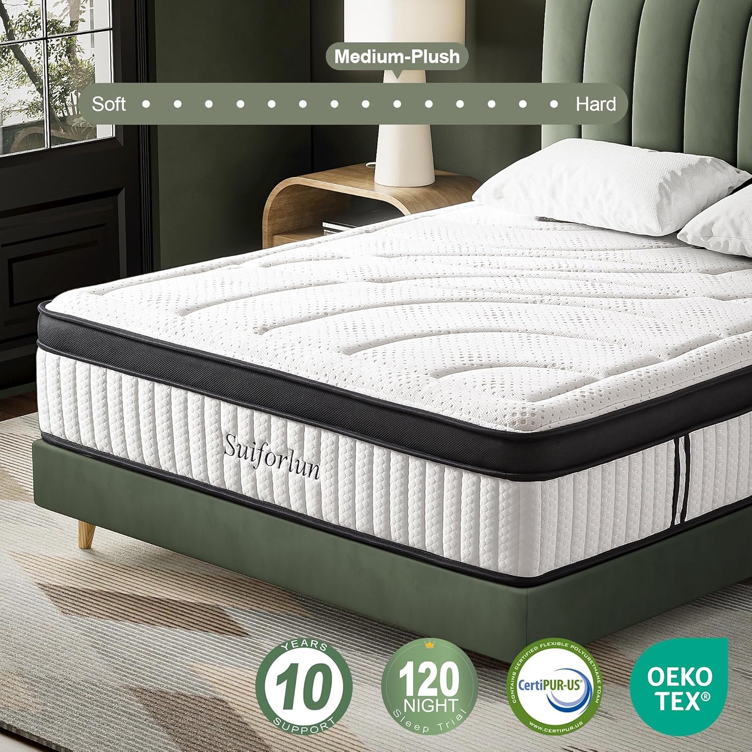 Suiforlun 14 Inch California King Mattress - Motion Isolation Pocketed Coils with Edge Support, Fiberglass Free Hybrid Mattress for Back Pain Relief, Medium Firm, 72" x84”