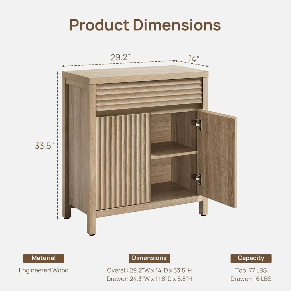SICOTAS 58" Fluted Buffet Cabinet with Storage, Modern Farmhouse Sideboard with Drawers & 3-Level Adjustable Shelf, Handle-Less Coffee Bar Console Table for Kitchen Living Room Entryway, Light Oak