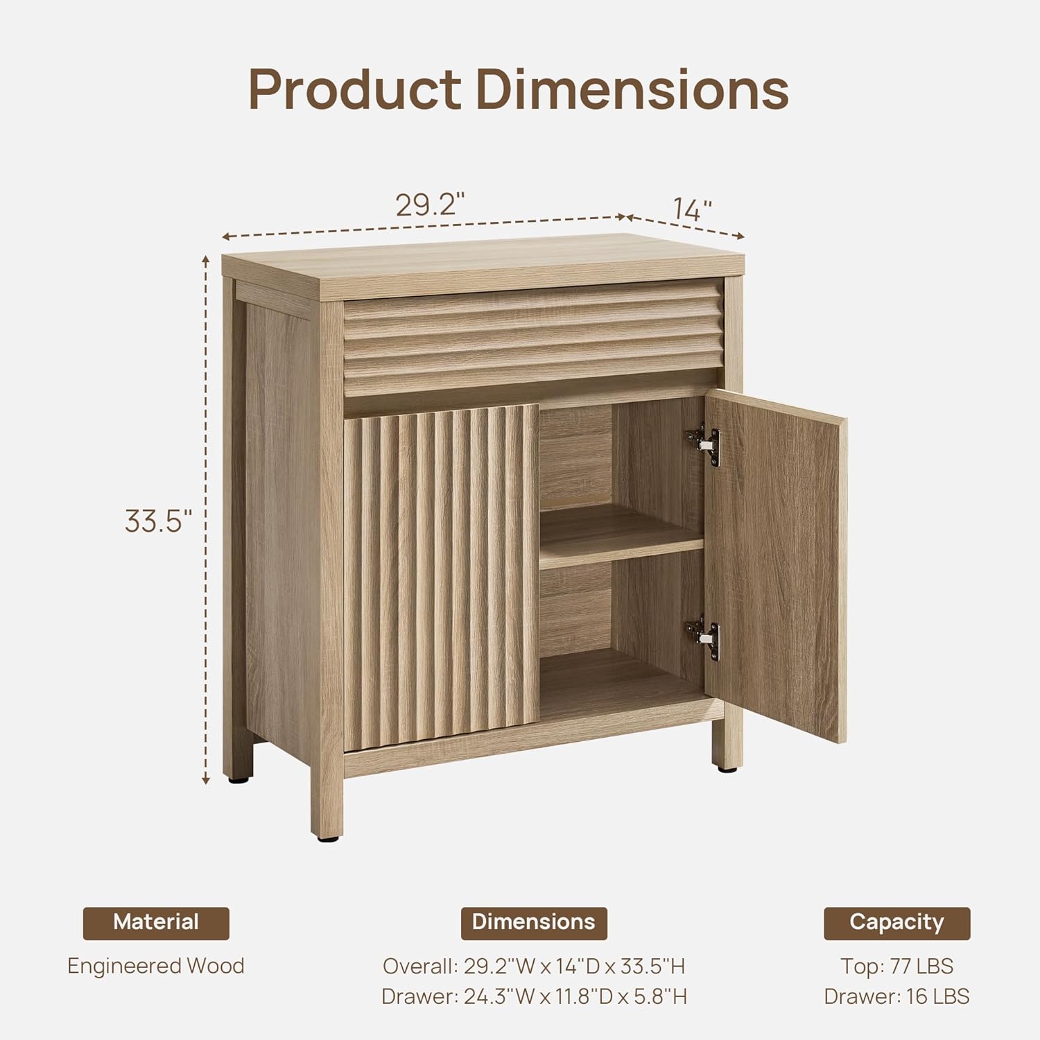 SICOTAS 58" Fluted Buffet Cabinet with Storage, Modern Farmhouse Sideboard with Drawers & 3-Level Adjustable Shelf, Handle-Less Coffee Bar Console Table for Kitchen Living Room Entryway, Light Oak