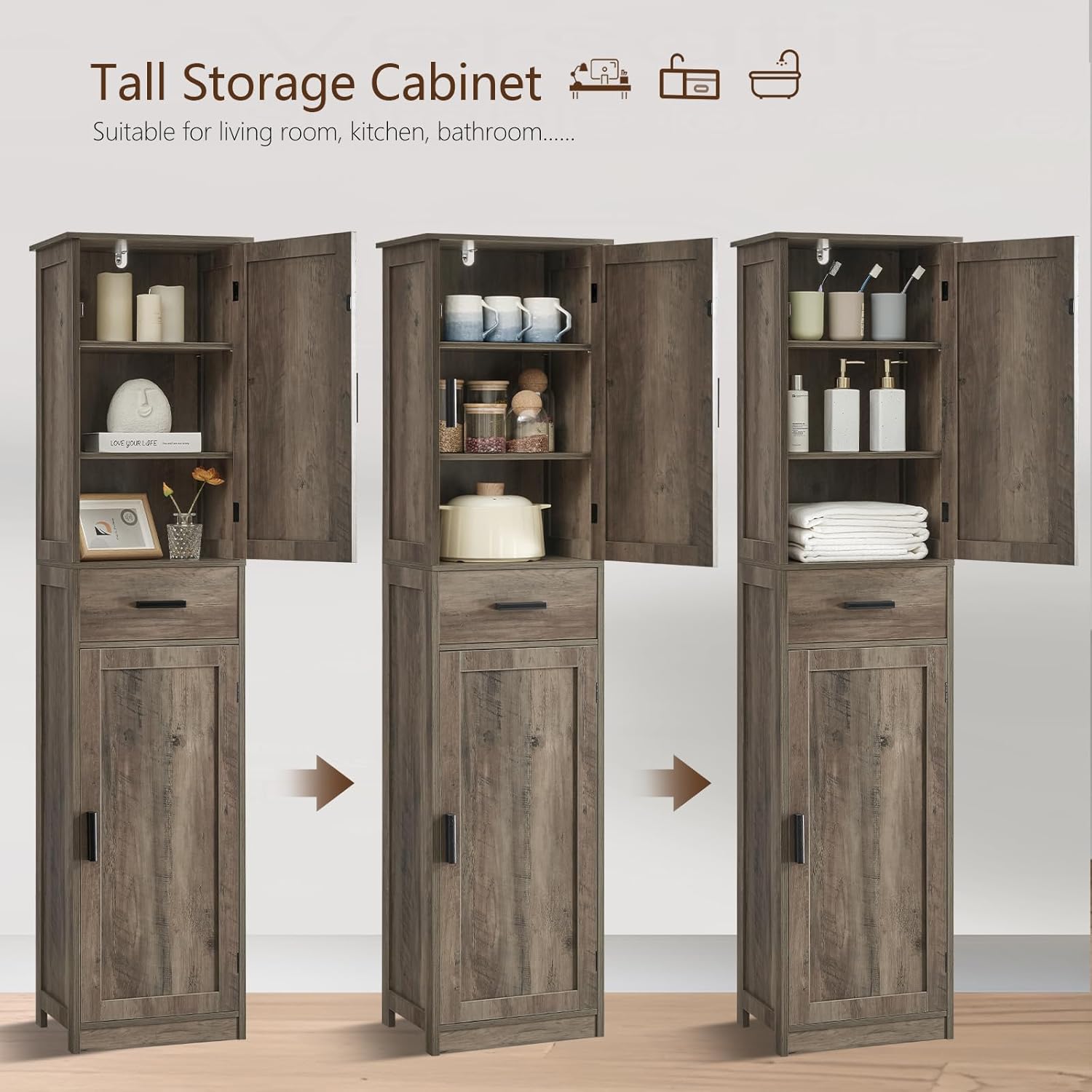 usikey 67'' Tall Storage Cabinet, Narrow Bathroom Floor Storage Cabinet with 4 Shelves & 2 Doors, for Bathroom, Living Room, Rustic Gray UNSNG040M