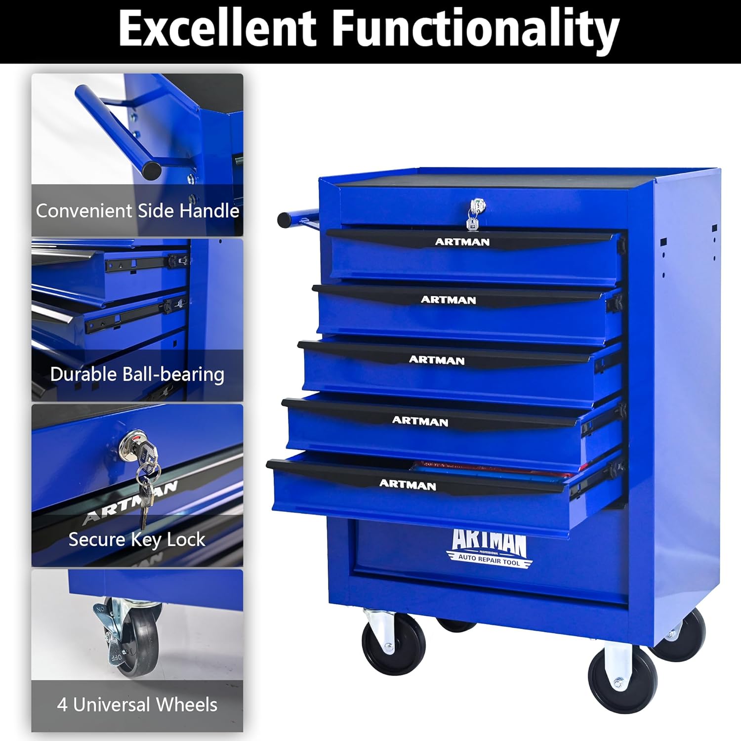 RYH 5 Drawers Rolling Tool Chest - 13" D x 20.9" W x 30.5" H Heavy Duty Mobile Tool Cart with Locking Wheels & Ball Bearing Drawers, Garage Tool Storage Cabinet (Blue, 5 Drawers)