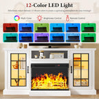 MXV 59'' Fireplace TV Stand, Farmhouse Entertainment Center with 3 Sided Glass TV Stand, Modern Media Console Table with Storage Drawers & Cabinets with LED Flame and Lights for Living Room, White