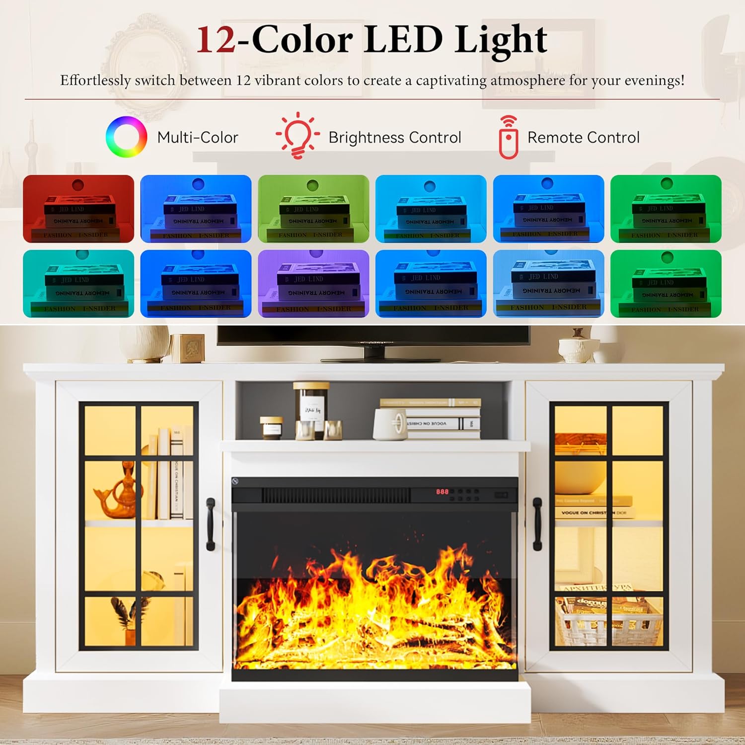MXV 59'' Fireplace TV Stand, Farmhouse Entertainment Center with 3 Sided Glass TV Stand, Modern Media Console Table with Storage Drawers & Cabinets with LED Flame and Lights for Living Room, White