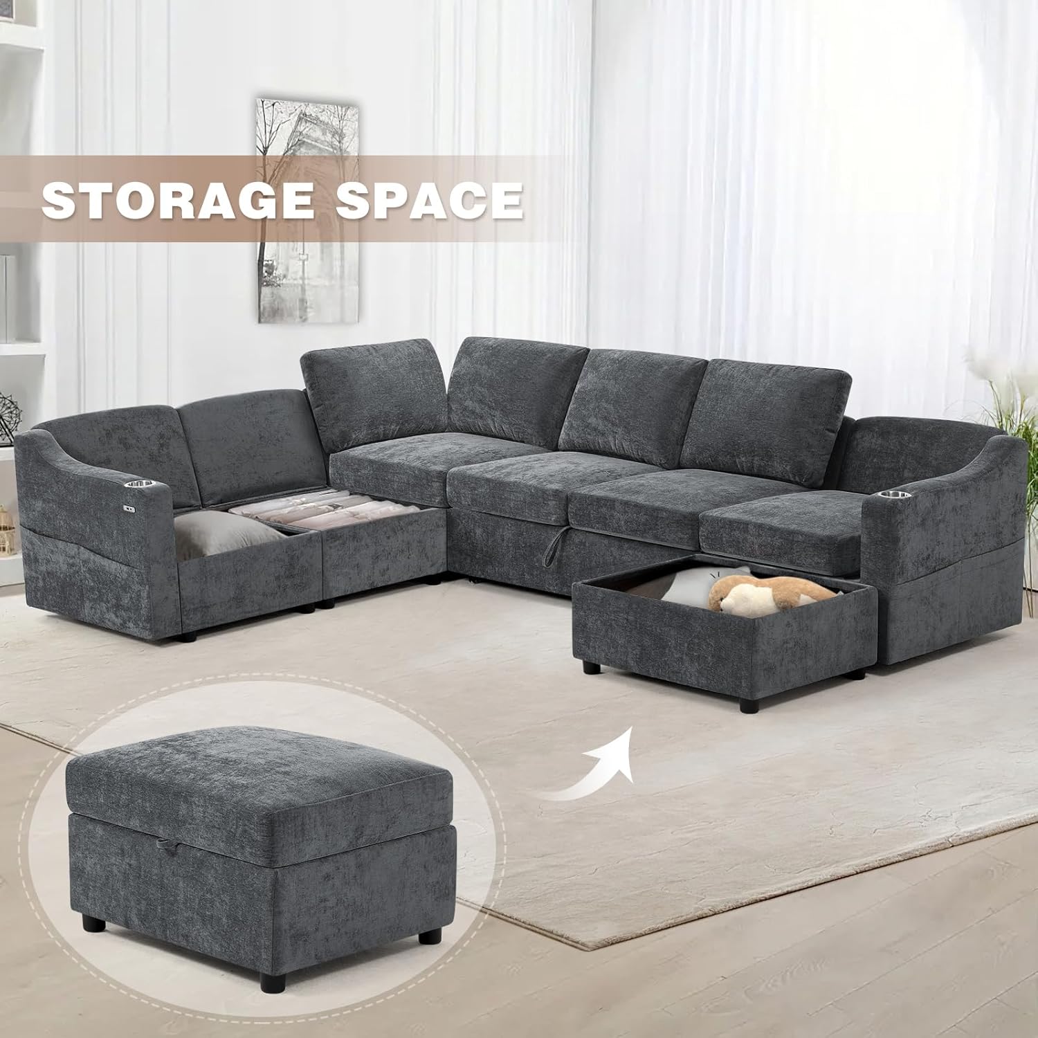 116" Chenille Modular Sofa Bed w/Adjustable Backrests, U-Shape Sleeper Sofa w/USB Ports & Storage Space, Convertible Corner Sectional Couch w/Pull Out Bed for House, Living Room, Grey