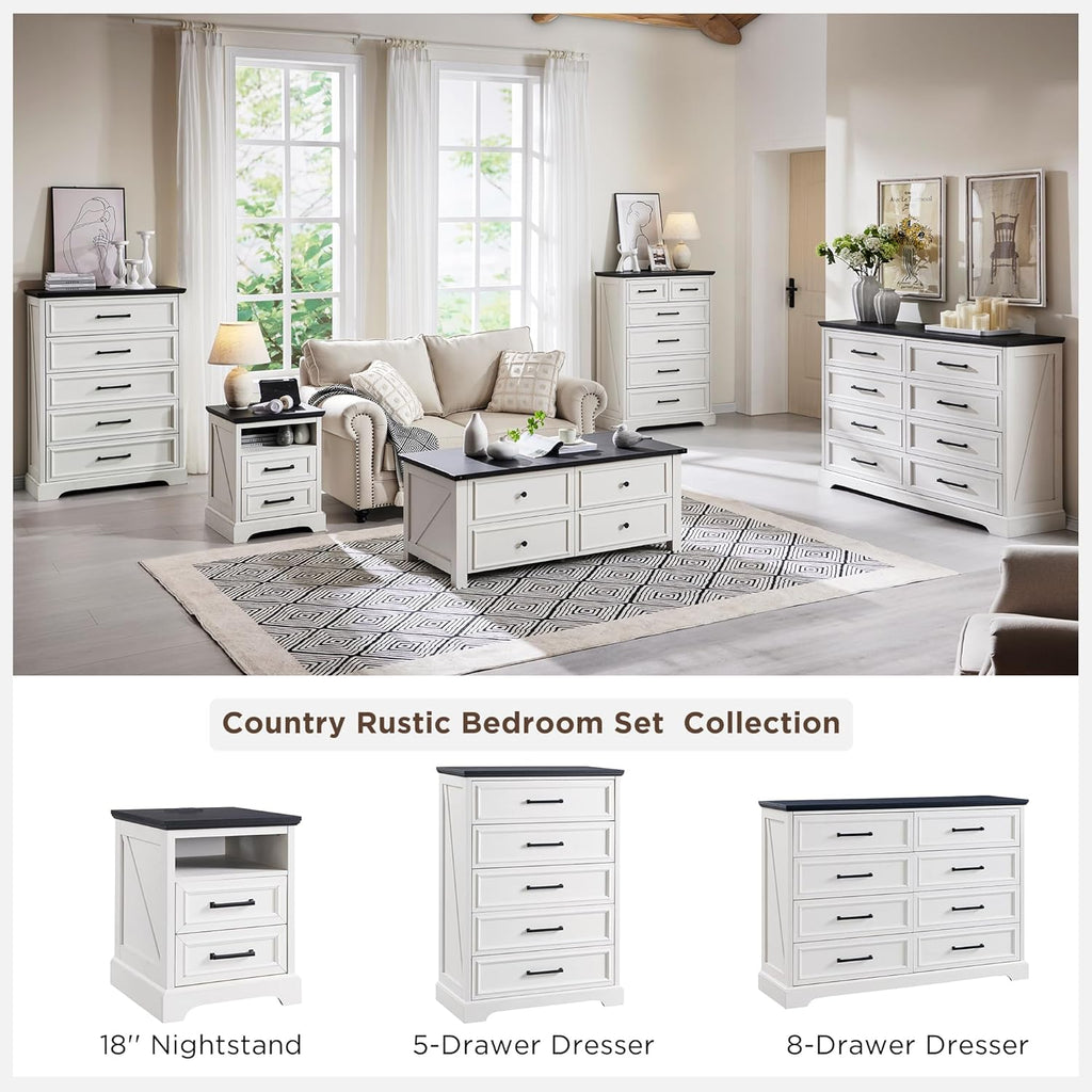 ACCOHOHO 18" Farmhouse Nightstand Set of 2 with Charging Station,End Table with 2 Drawers Storage,Side Table,Bedside Cabinet for Bedroom,Living Room, Withe