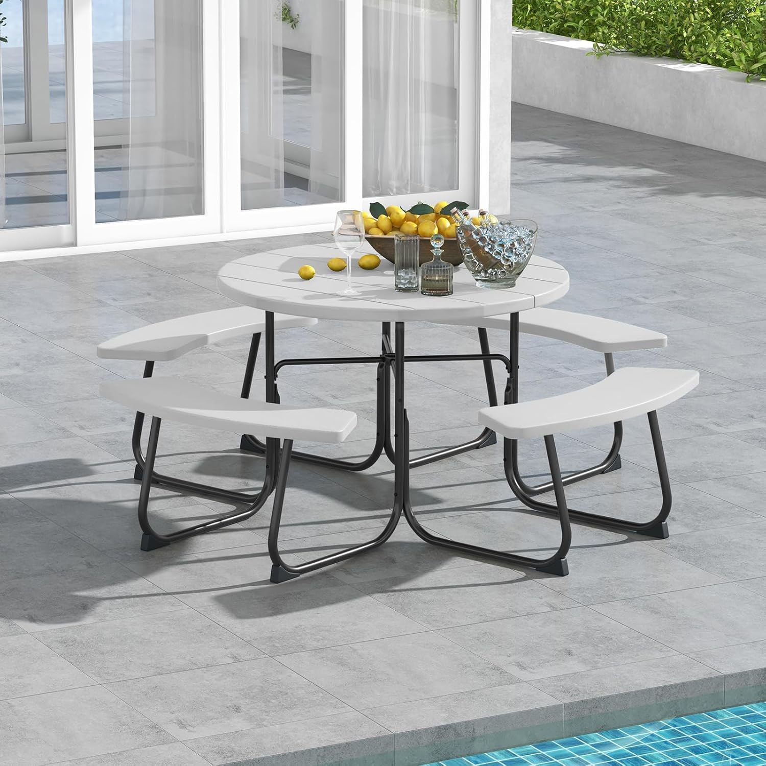 Giantex Picnic Table Set for Up to 8 Persons  Round Outdoor Table and Bench Set with Umbrella Hole  HDPE Top & Metal Frame  2000LBS Capacity  Patio Table Bench for Deck Backyard Garden (White)