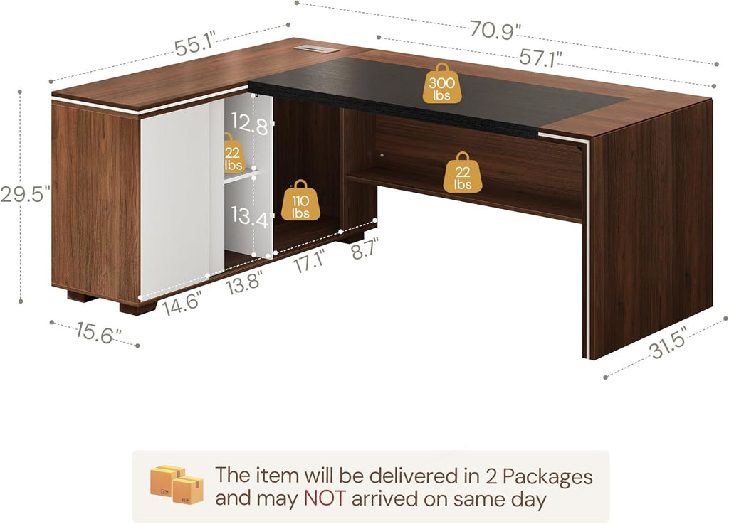 71" L-Shaped Executive Desk with Cabinet Storage, Large Office Computer Desk with Storage Shelves, Under-Desk Bookshelf, CPU Stand, Cable Management, Business Furniture Workstation (Brown)