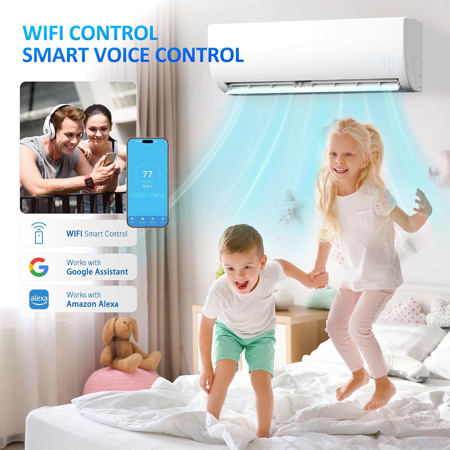 9000 BTU Wifi Enabled Mini Split Air Conditioner, Works with Alexa, 19 SEER2 115V Split AC Unit and Heat Cool Up to 450 Sq.Ft, Ductless Inverter System with Heater Pump & Installation Kits