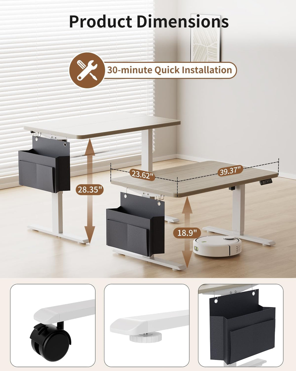 Coffee Table, Height Adjustable Electric Coffee Table with Storage Bag Lift Tabletop Dining Table Office Table with Lockable Wheels for Living Room (Grey Oak Look, 40 x 24 Inches)