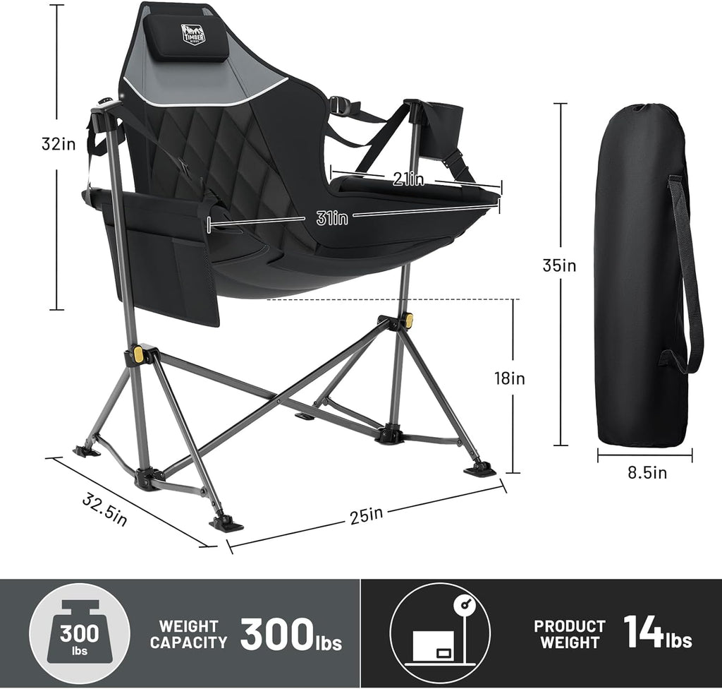 TIMBER RIDGE Hammock Camping Chair with Adjustable Backrest, Heavy Duty Folding Hammock Chair Supports 300lbs, Portable Hammock Chair for Camping, Travelling and Patio, Black
