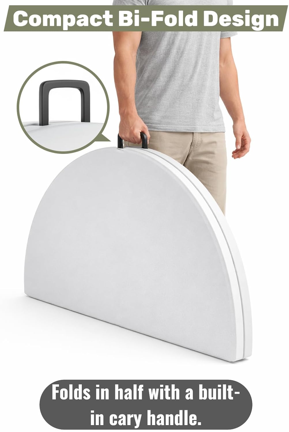 6 Ft Round Bi-Fold Folding Table with Carry Handle, 72" Bi-fold Table, Portable Plastic Table with Steel Legs for Party, Dining, Wedding, Events, Picnic, Indoor Outdoor Use